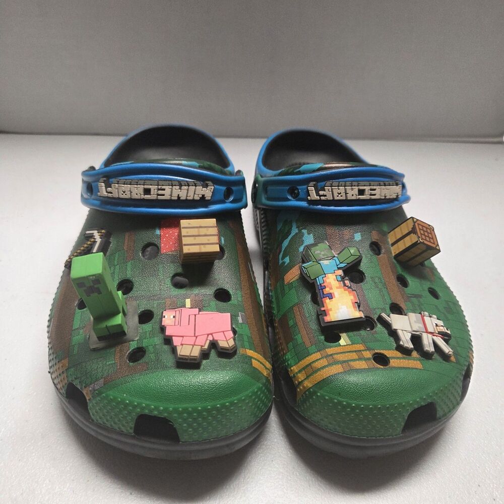 Crocs Minecraft Classic Clog Kids Size J6 Green Blue Camo Jibbitz Slide On Shoes